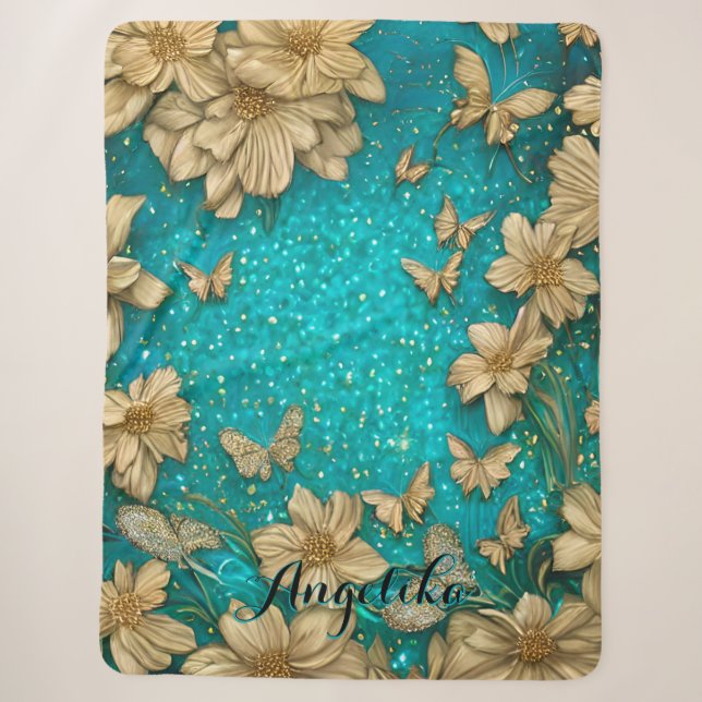 Aquamarine Schmetterlinge Imitate Gold Glitzer Ind Sherpadecke (Vorderseite)