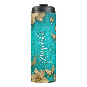 Aquamarine Schmetterlinge Imitate Gold Glitzer Ind Thermosbecher