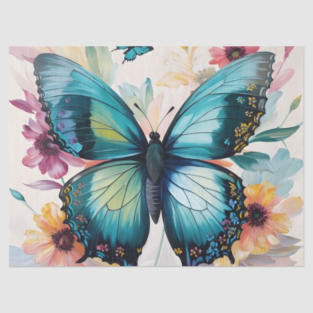 Aquamarine Schmetterlingsflora Multicolor Kunst Seidenpapier (Vorderseite)