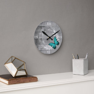 Aquamarine Schmetterlingsmütze Rustikale Acrylwand Runde Wanduhr
