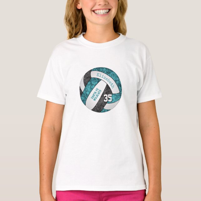 aquamarine Schwarz-Girl-Sport-Volleyball-Mannschaf T-Shirt (Vorderseite)