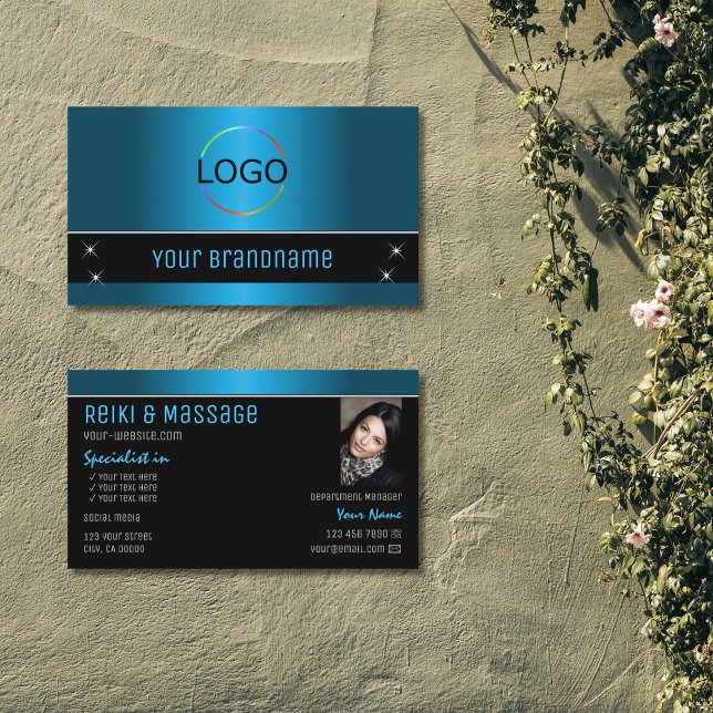 Aquamarine Schwarz-Weiß-Moderne mit Logo und Foto Visitenkarte (Von Creator hochgeladen)