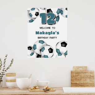 aquamarine schwarze Fußballbälle Jungs Geburtstags Poster