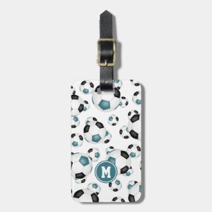aquamarine schwarze Fußbälle mit Monogramm Gepäckanhänger