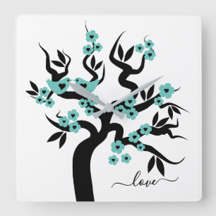 Aquamarine, schwarze Liebesvögel Kirschbaum & Blüt Quadratische Wanduhr