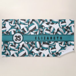 Aquamarine schwarze Volleyballs personalisiert Strandtuch