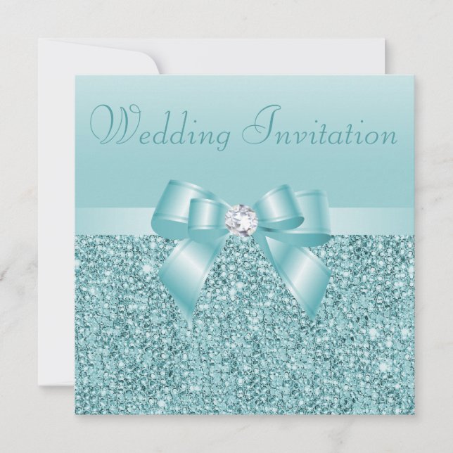 Aquamarine Sequenzen, Bow & Diamond-Hochzeit Einladung (Vorderseite)