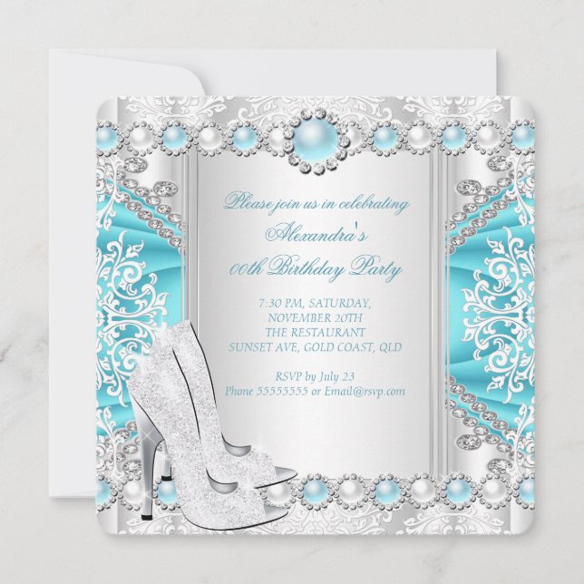 Aquamarine Silber High Heels White Pearl Geburtsta Einladung (Vorderseite)