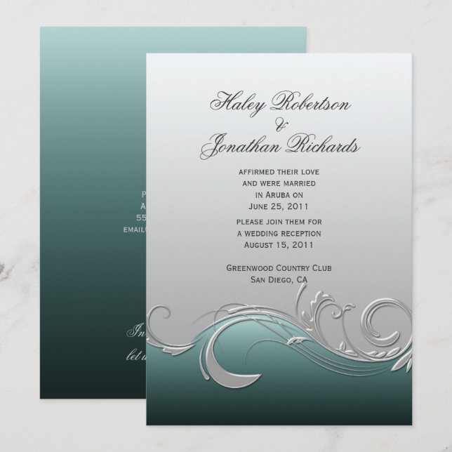 Aquamarine Silber Verzierte Wirbel Post Hochzeit Einladung (Vorne/Hinten)