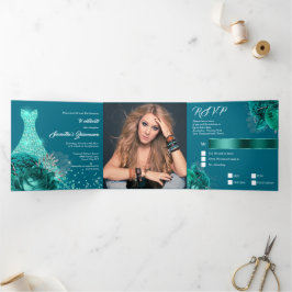 Aquamarine silberne Rose quinceanera Glitzer Kürbi Dreifach Gefaltete Einladung