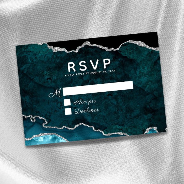 Aquamarine Silver Agate Wedding RSVP Karte (Von Creator hochgeladen)