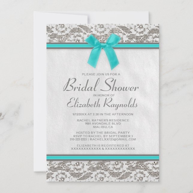 Aquamarine Silver Country Lace Bridal Dusche Einla Einladung (Vorderseite)
