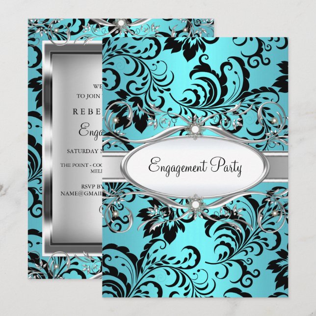Aquamarine Silver Floral Swirt Engagement Party Einladung (Vorne/Hinten)