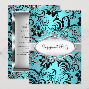 Aquamarine Silver Floral Swirt Engagement Party Einladung