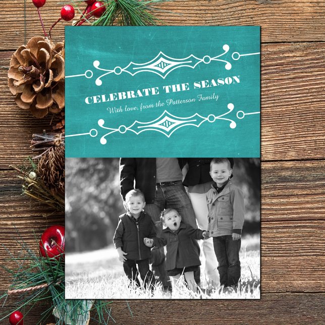 Aquamarine Slanted Chalkboard Holiday Foto Flat Ca Einladung (Teal Slanted Chalkboard Holiday Photo Card)