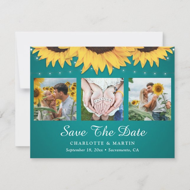 Aquamarine Sonnenblume 3 Foto Collage Hochzeit Save The Date (Vorderseite)