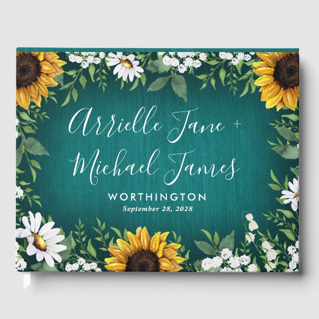 Aquamarine Sonnenblume Rustikales Hochzeitshaus Gästebuch (Vorderseite)