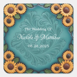 Aquamarine Sonnenblumen-Hochzeit mit geschliffenem Quadratischer Aufkleber