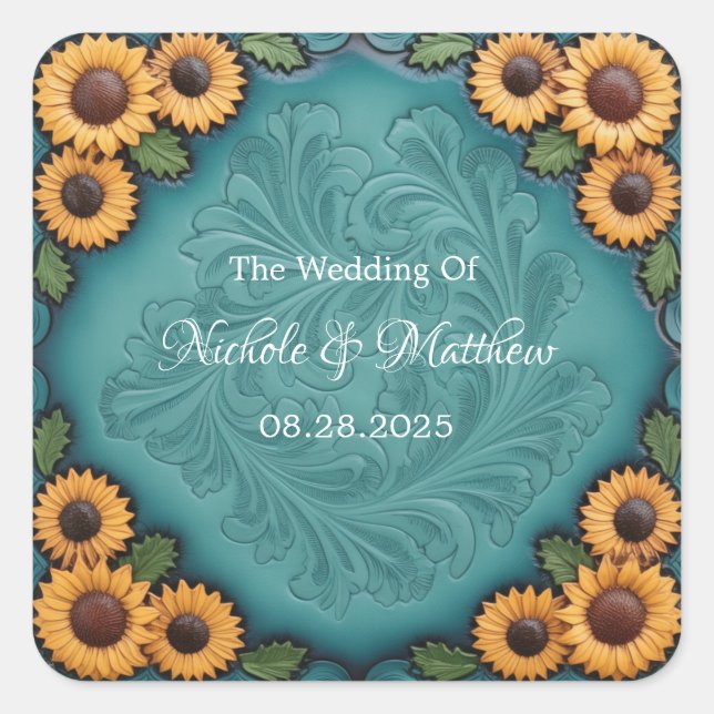 Aquamarine Sonnenblumen-Hochzeit mit geschliffenem Quadratischer Aufkleber (Vorderseite)