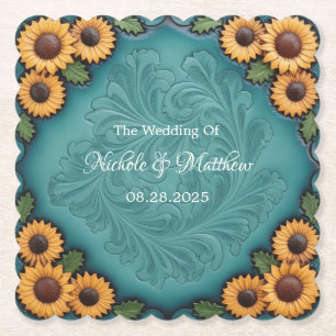Aquamarine Sonnenblumen-Hochzeit mit geschliffenem Untersetzer