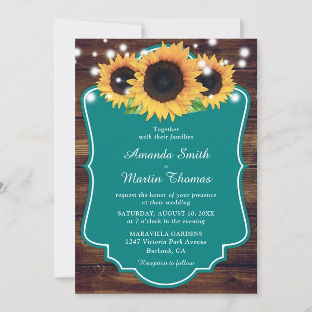 Aquamarine Sonnenblumenhochzeit aus rustikalem Hol Einladung (Vorderseite)