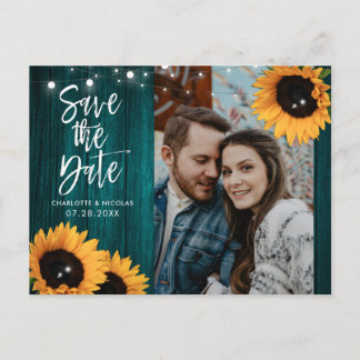 Aquamarine Sonnenblumenhochzeit speichert das Date Postkarte