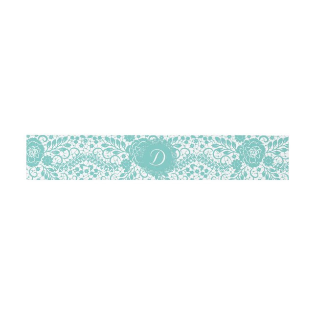 Aquamarine Spitzen-Bauchband mit Monogramm Einladungsbanderole (Flach)