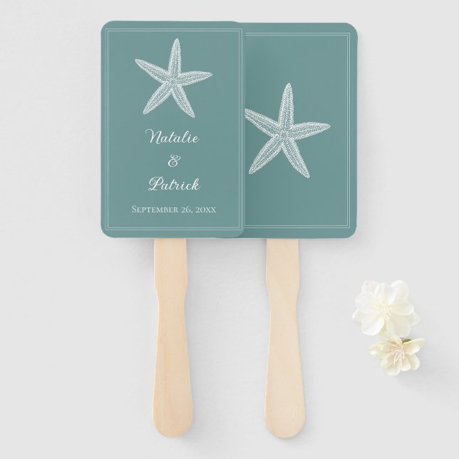 Aquamarine Starfish Hochzeitshandfans Fächer (Vorne und Hinten)