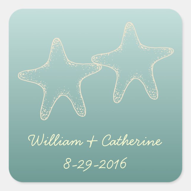 Aquamarine Starfish Hochzeitsticker Quadratischer Aufkleber (Vorderseite)