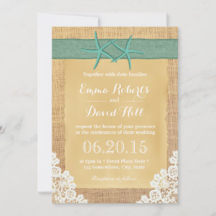 Aquamarine Starfish Lace & Burlap Hochzeit Einladung