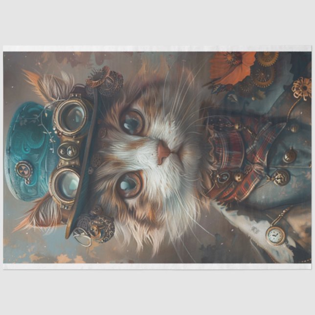 Aquamarine Steampunk-Katze mit Aquamariner Hat-Dec Seidenpapier (Vorderseite)