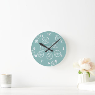 Aquamarine Strandhaus-Sanddollar-Muschel-Wanduhr Runde Wanduhr
