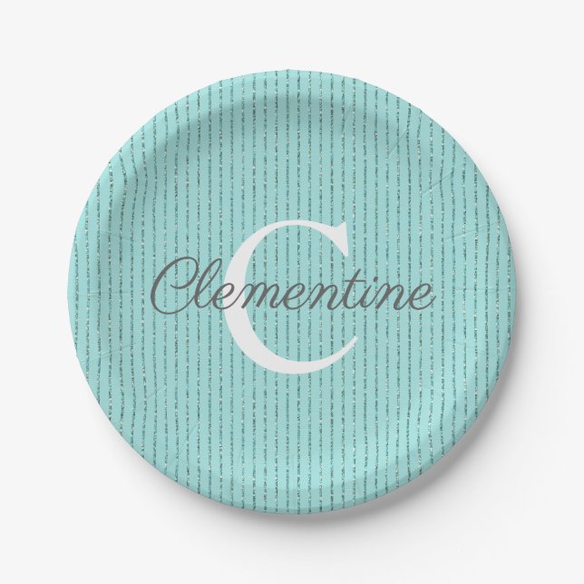 Aquamarine Streifen aus türkisfarbenem Glitzer Pappteller (Vorderseite)