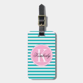 Aquamarine Streifen mit Bubblegum rosa Monogramm Gepäckanhänger