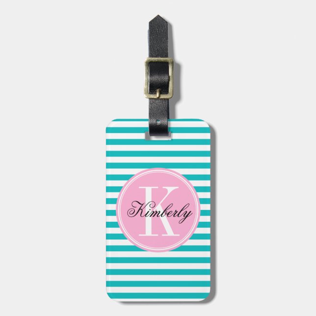 Aquamarine Streifen mit Bubblegum rosa Monogramm Gepäckanhänger (Vorderseite vertikal)