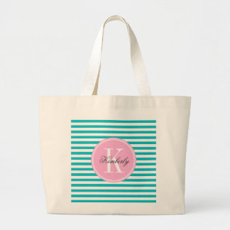 Aquamarine Streifen mit Bubblegum rosa Monogramm Jumbo Stoffbeutel