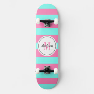 Aquamarine Streifen Monogramm Personalisiert Skateboard