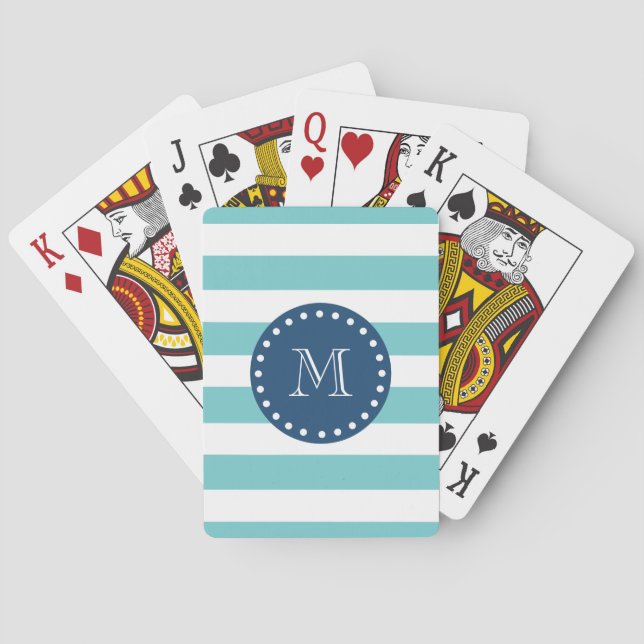 Aquamarine Streifen-Muster, Navy Blue Monogram Spielkarten (Rückseite)
