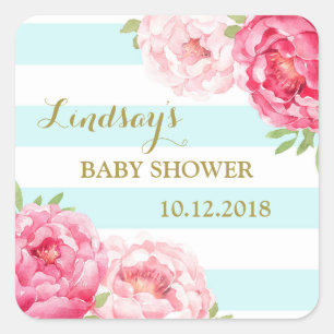 Aquamarine Streifen Pink Bläserndusche Begrüßungst Quadratischer Aufkleber