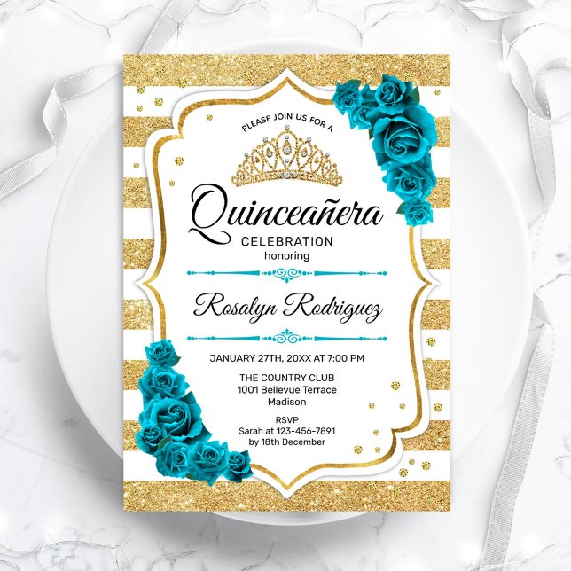 Aquamarine Streifen Quinceanera Einladung (Von Creator hochgeladen)
