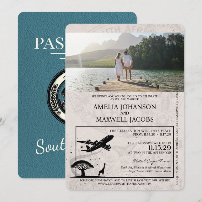 Aquamarine Südafrika-Passport-Hochzeit Einladung (Vorne/Hinten)