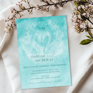 Aquamarine Swan Hochzeitseinladung mit Monogramm Einladung