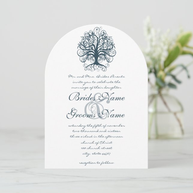 Aquamarine Swirl Tree Roots of Liebe Wedding Einla Einladung (Stehend Vorderseite)