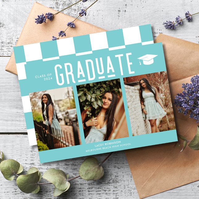 Aquamarine Tafel, 3 Foto Abschluss (Graduate Teal Checkerboard 3 Photo Graduation Announcement)