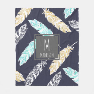 Aquamarine Tan White Boho Stammesfedern - Personal Fleecedecke