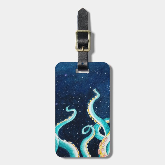 Aquamarine Tentacles Galaxy Stars Wasserfarben Gepäckanhänger (Vorderseite vertikal)