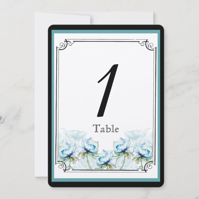 Aquamarine Tischnummer für Hochzeiten mit Blumenwa (Vorderseite)