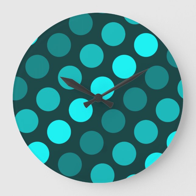 Aquamarine Trio-Polka-Punkte Große Wanduhr (Vorderseite)