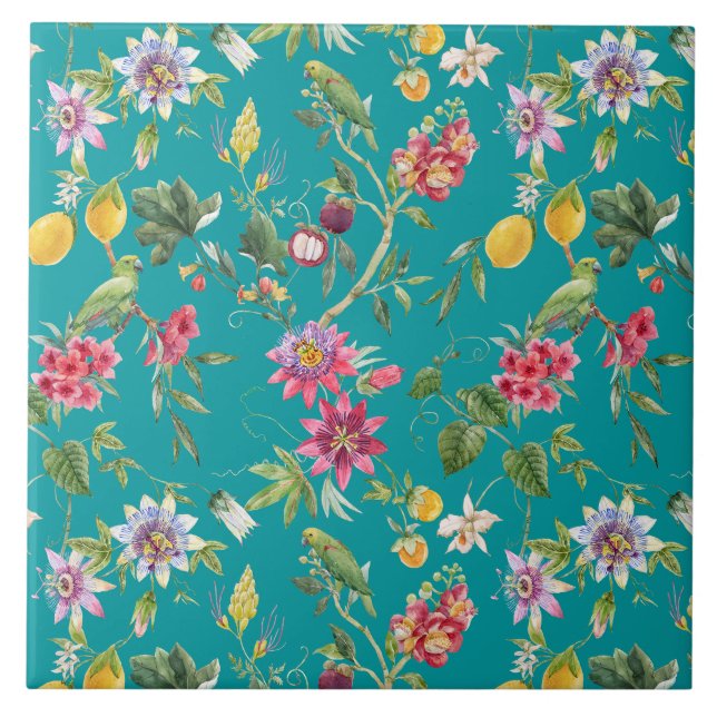 Aquamarine tropische Blume, Obst und Vögel Fliese (Vorderseite)