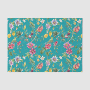 Aquamarine tropische Blume, Obst und Vögel Seidenpapier